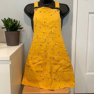 Yellow Floral Print Denim Overall Mini Dress